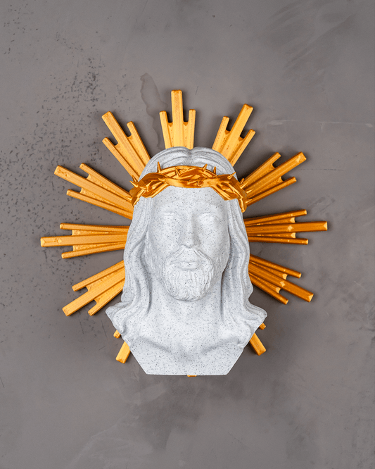 Bust Isus Hristos – Sculptură 3D Decorativă cu Coroană de Spini și Nimb Auriu