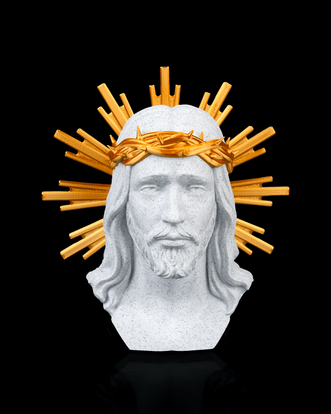Bust Isus Hristos – Sculptură 3D Decorativă cu Coroană de Spini și Nimb Auriu
