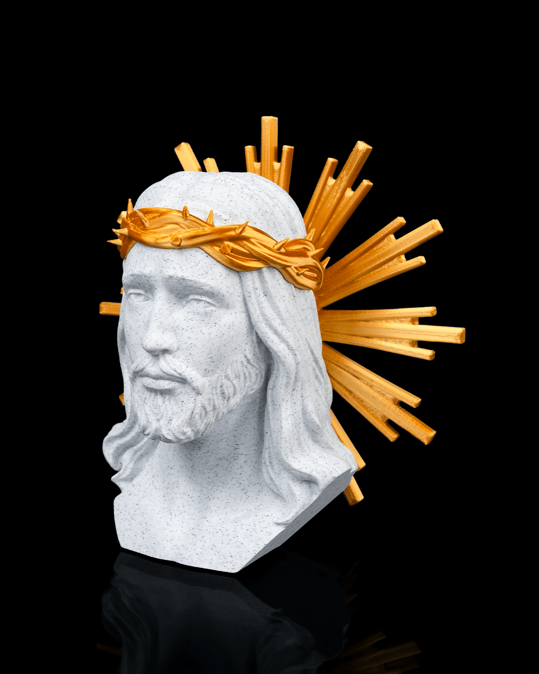 Bust Isus Hristos – Sculptură 3D Decorativă cu Coroană de Spini și Nimb Auriu