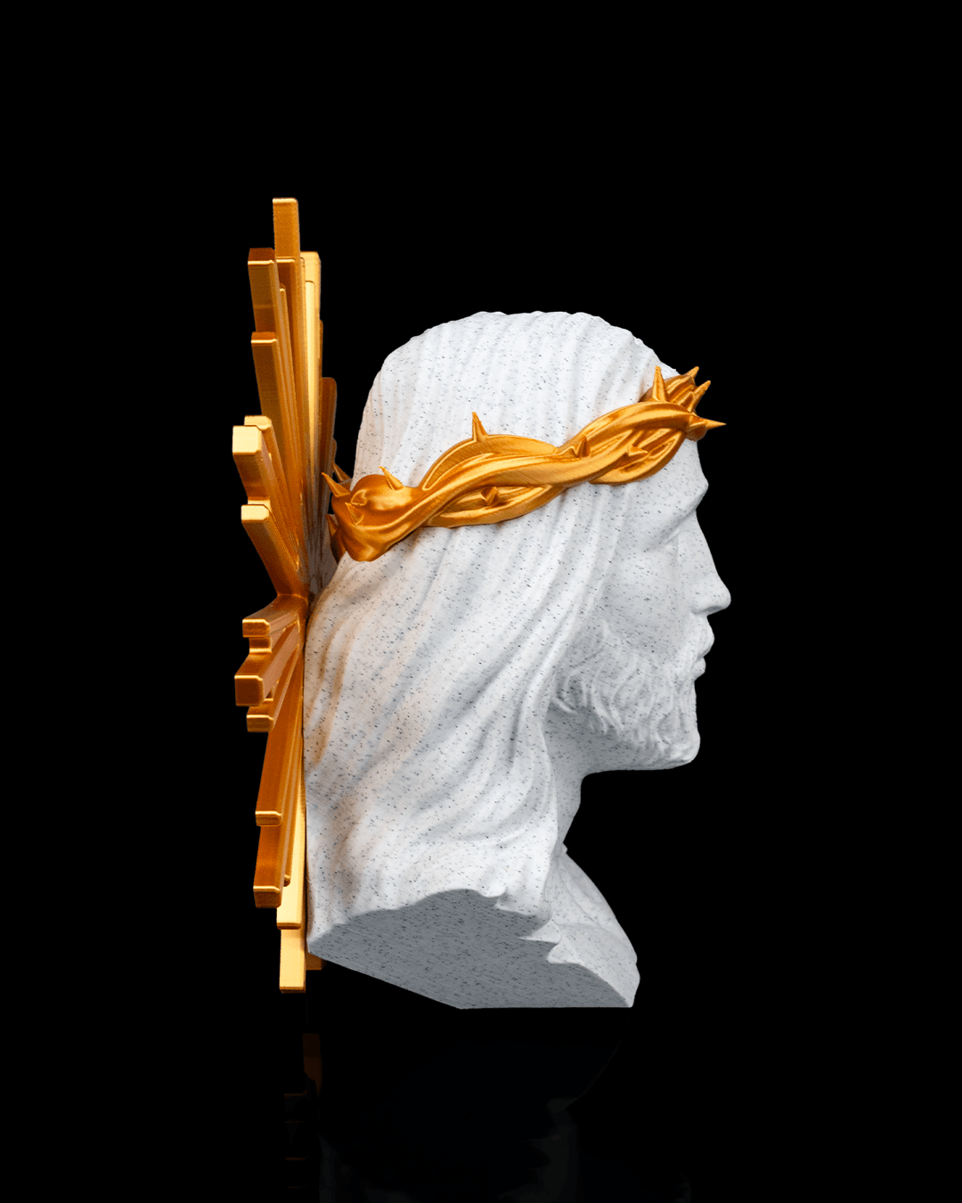 Bust Isus Hristos – Sculptură 3D Decorativă cu Coroană de Spini și Nimb Auriu