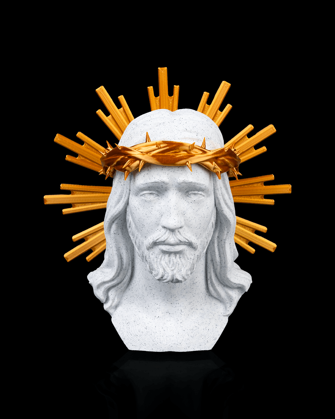 Bust Isus Hristos – Sculptură 3D Decorativă cu Coroană de Spini și Nimb Auriu