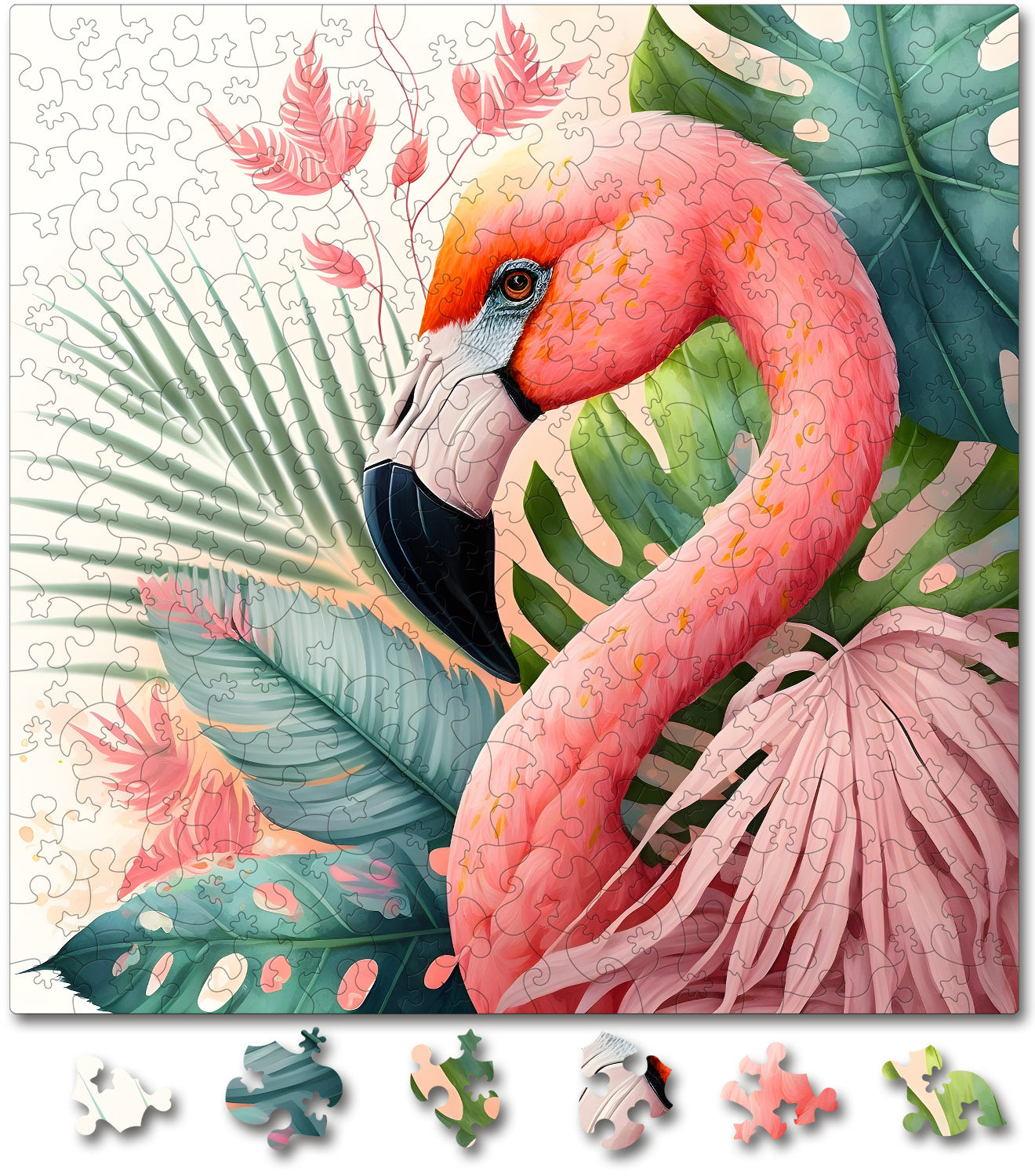 Flamingo, puzzle din lemn, colorat, puzzle adulti, puzzle, jungla, tropical
