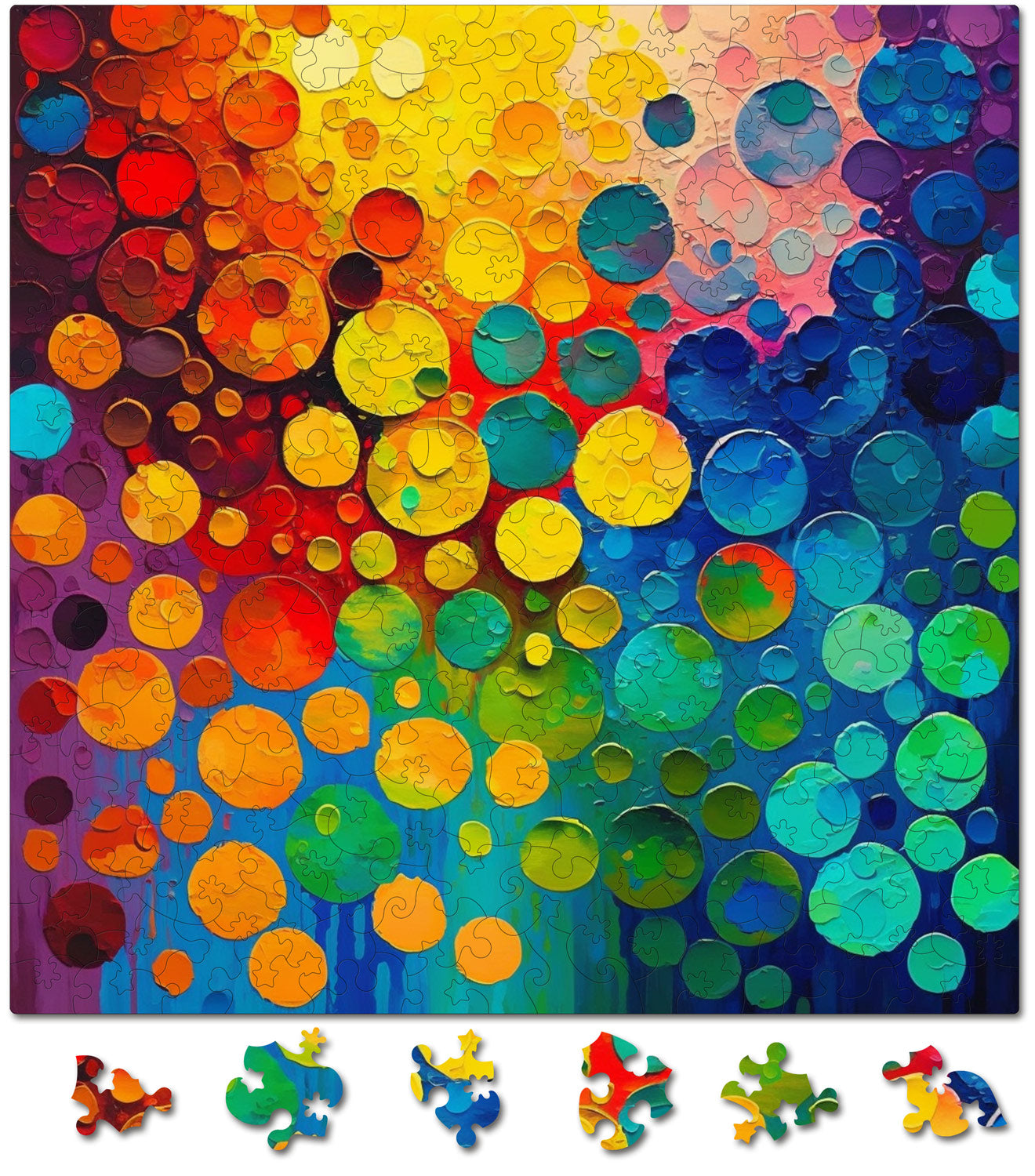 puzzle din lemn, curcubeu, cercuri, colorat, picaturi